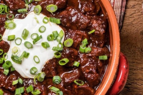 Slow-Cooked Beef Chili Colorado, homemade and freshly served