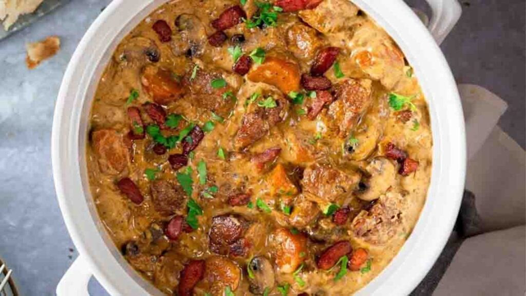 Slow-Cooked Pork Casserole, homemade and freshly served