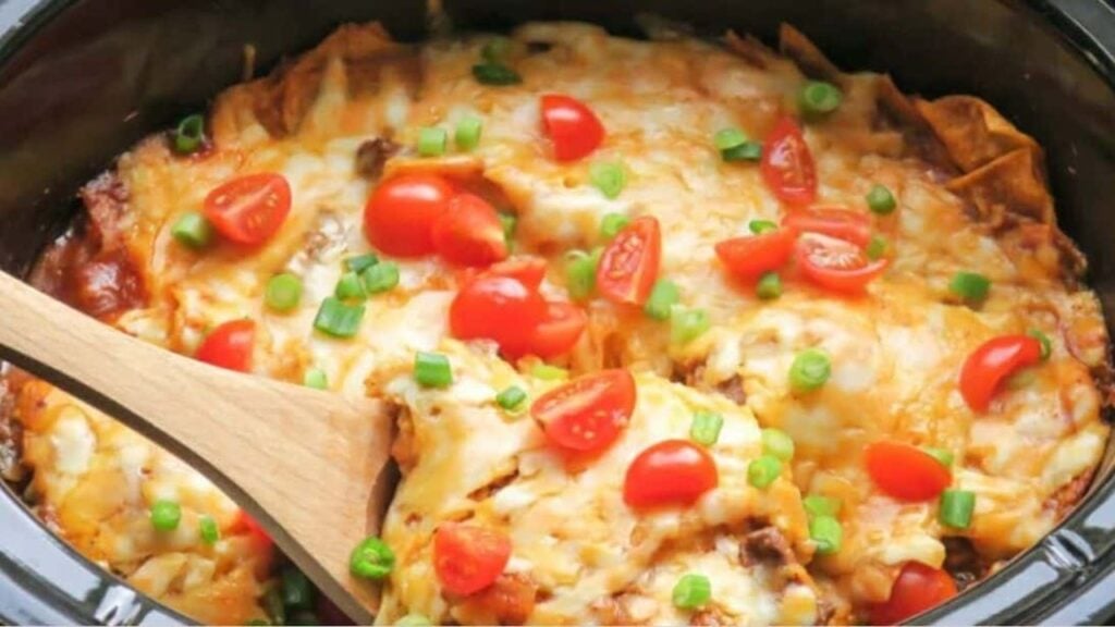 Slow Cooker Beef Enchilada Casserole, homemade and freshly served
