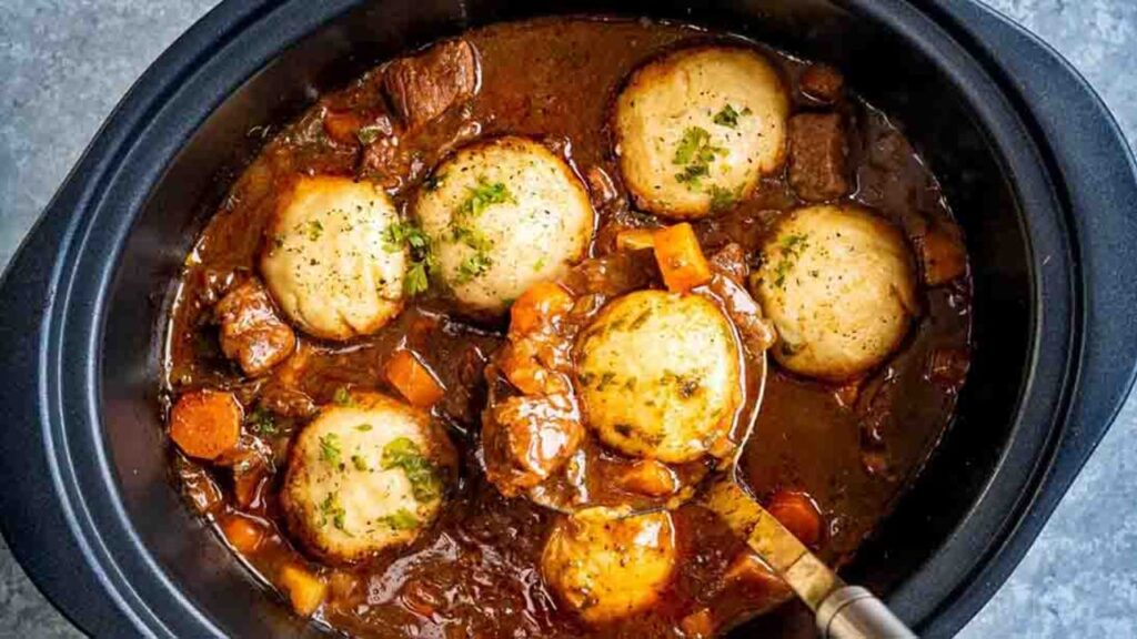 Slow Cooker Beef Stew and Dumplings, homemade and freshly served