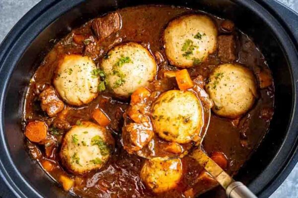 Slow Cooker Beef Stew and Dumplings, homemade and freshly served