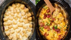 Slow Cooker Cheesy Chicken Tater Tot Casserole, homemade and freshly served
