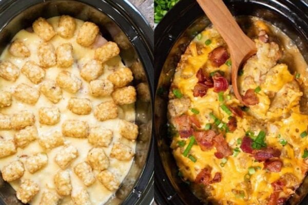 Slow Cooker Cheesy Chicken Tater Tot Casserole, homemade and freshly served