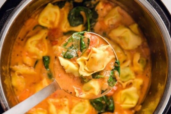 20-Minute Slow Cooker Creamy Tortellini Soup, homemade and freshly served