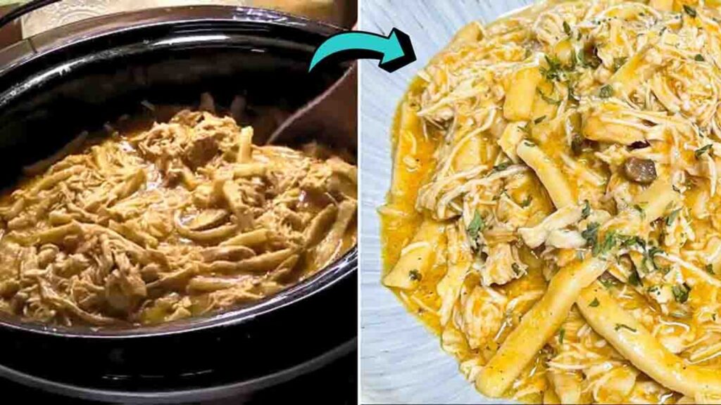 Slow Cooker Gravy & Chicken with Noodles, homemade and freshly served