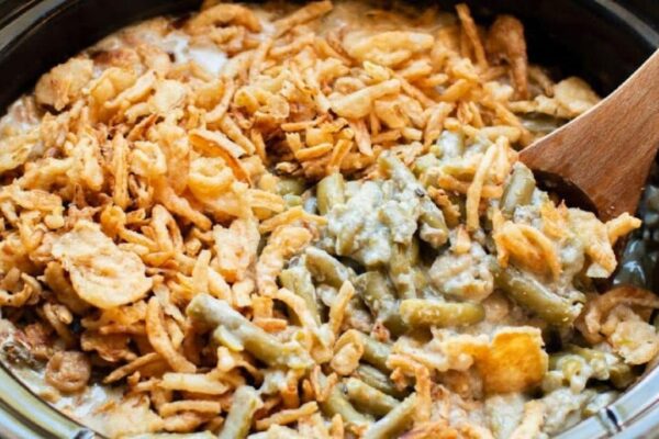 Slow Cooker Green Bean Casserole, homemade and freshly served