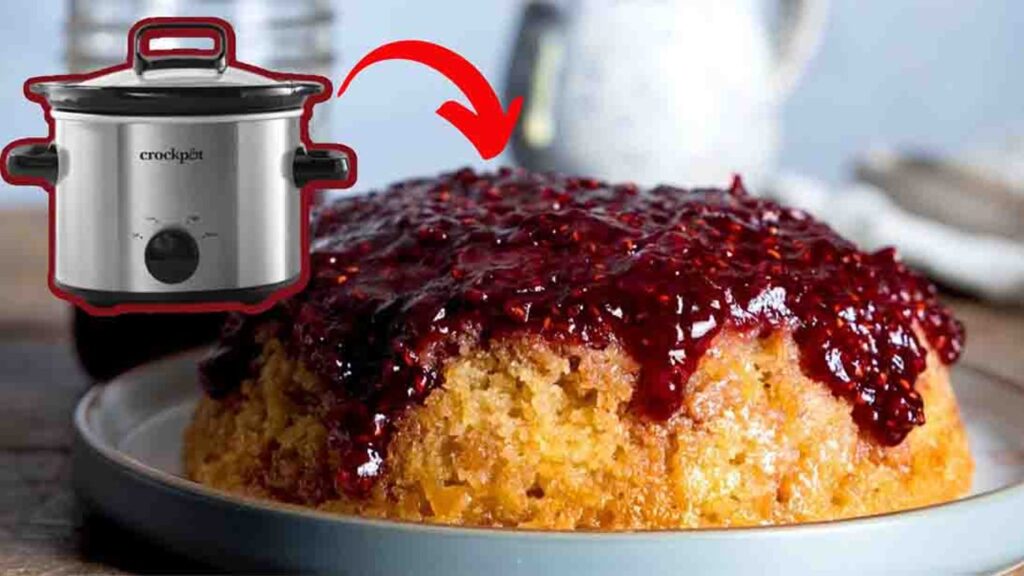 Slow Cooker Jam Sponge Pudding, homemade and freshly served
