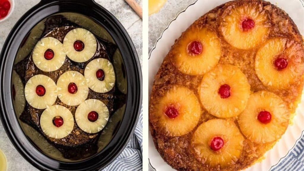 Slow Cooker Pineapple Upside-Down Cake, homemade and freshly served