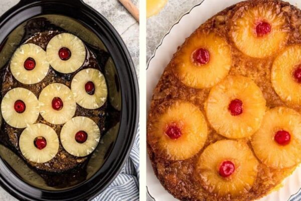 Slow Cooker Pineapple Upside-Down Cake, homemade and freshly served