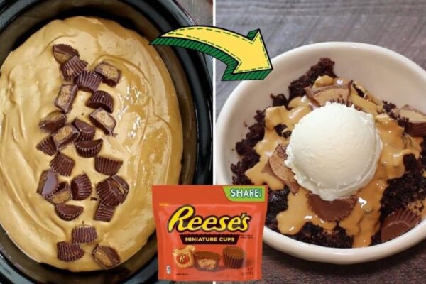 Slow Cooker Reese’s Peanut Butter Chocolate Cake, homemade and freshly served