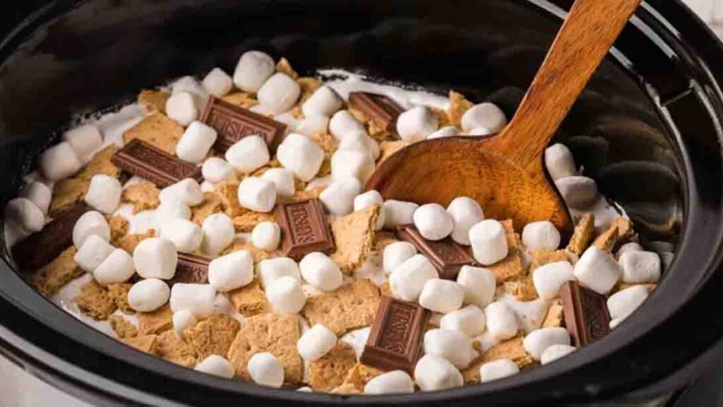 Slow Cooker S’mores Cake, homemade and freshly served