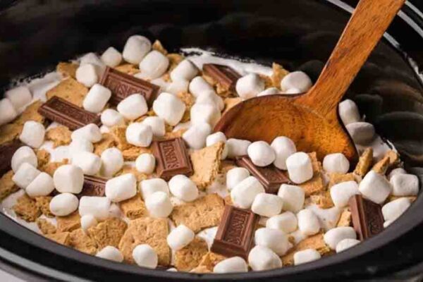 Slow Cooker S’mores Cake, homemade and freshly served