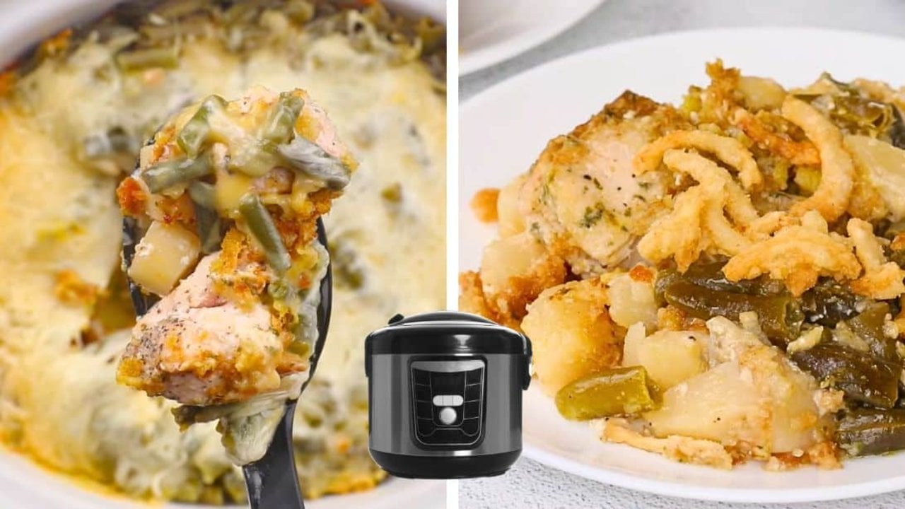 Slow cooker Thanksgiving casserole layered with potatoes, chicken, green beans and French fried onions