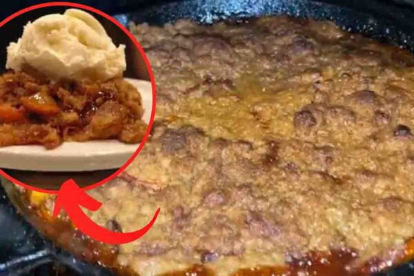 Smoked Bourbon Peach Cobbler, homemade and freshly served