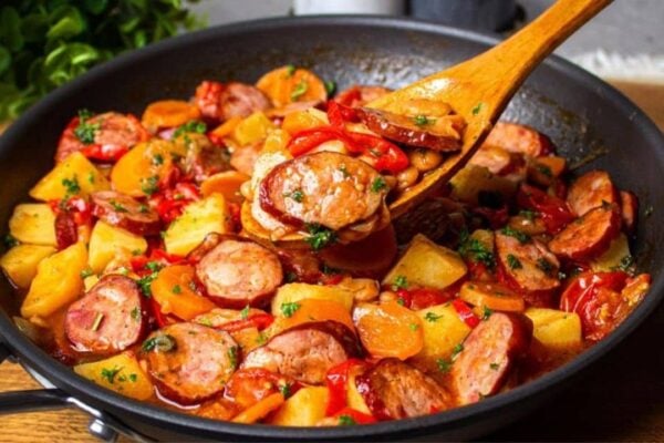 Smoked Sausage With Beans and Vegetables, homemade and freshly served