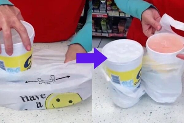 Finished Spill-Free Grocery Cup Holder Bag Trick, a completed DIY project