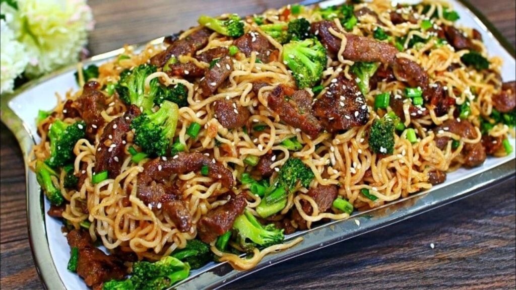 Delicious Stir-Fried Beef, Broccoli, And Noodles, homemade and freshly served