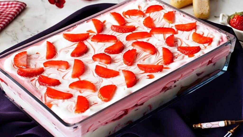 Strawberry Icebox Cake Dessert, homemade and freshly served