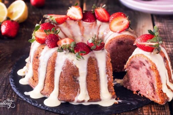 Strawberry Lemon Bundt Cake, homemade and freshly served