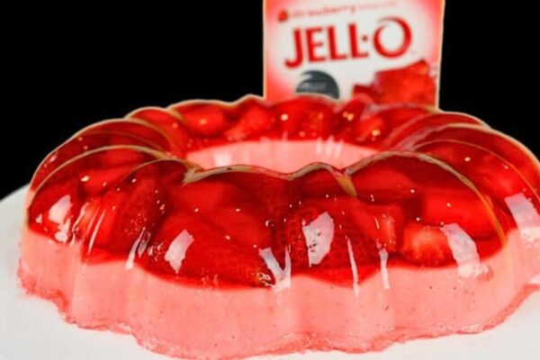 Strawberry Mousse Jello Dessert, homemade and freshly served