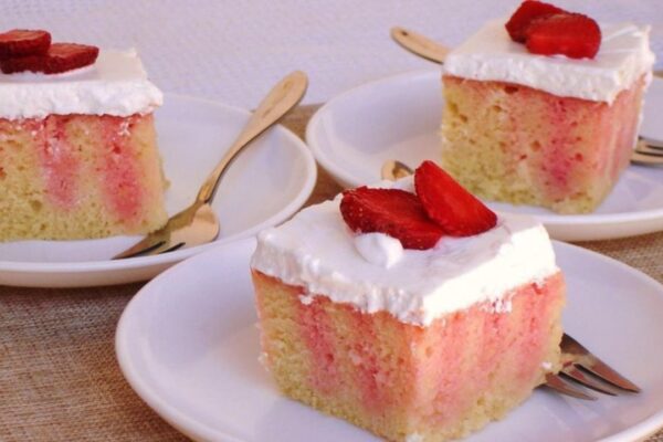 Strawberry Poke Cake, homemade and freshly served
