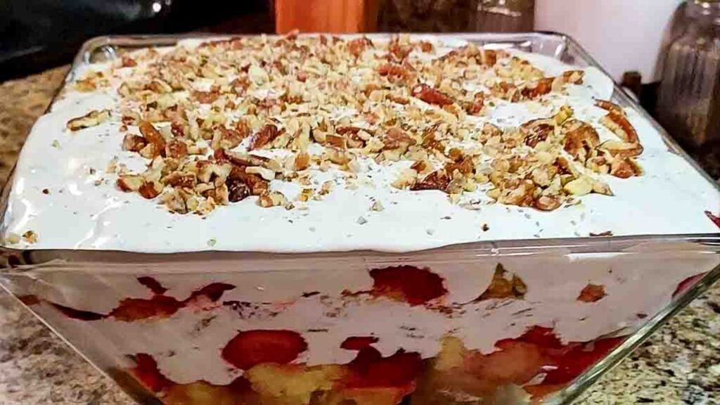 Strawberry Punch Bowl Cake, homemade and freshly served