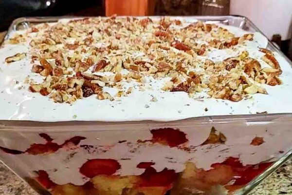 Strawberry Punch Bowl Cake, homemade and freshly served