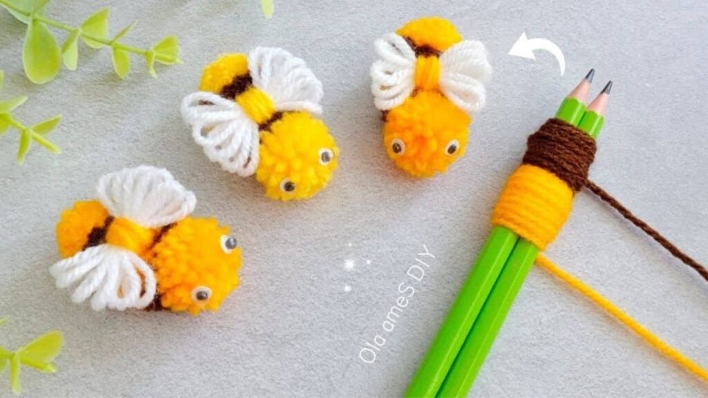 Finished Super Easy Bee Pom Pom Yarn DIY, a completed DIY project