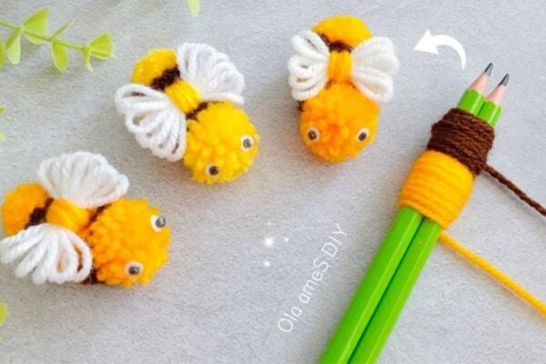 Finished Super Easy Bee Pom Pom Yarn DIY, a completed DIY project