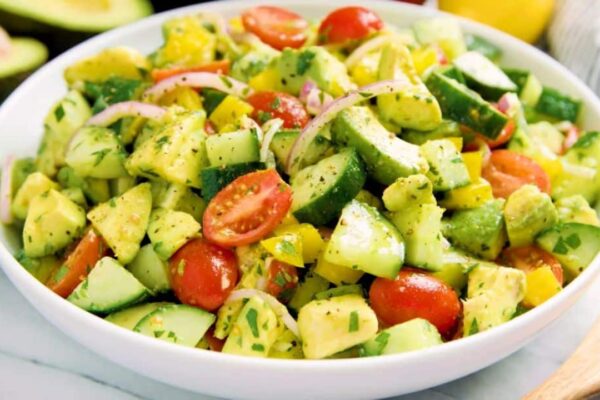 Super Easy Tomato Avocado Salad, homemade and freshly served