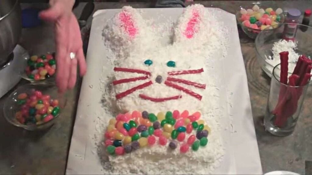 Super Easy Whimsical Bunny Cake, homemade and freshly served