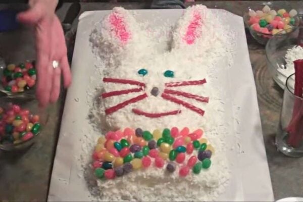 Super Easy Whimsical Bunny Cake, homemade and freshly served
