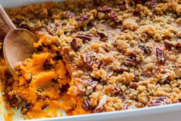 Sweet Potato Casserole, homemade and freshly served