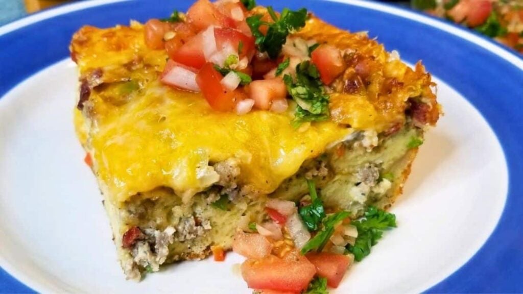 Tex-Mex Style Sausage Egg and Bacon Casserole, homemade and freshly served