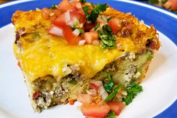 Tex-Mex Style Sausage Egg and Bacon Casserole, homemade and freshly served