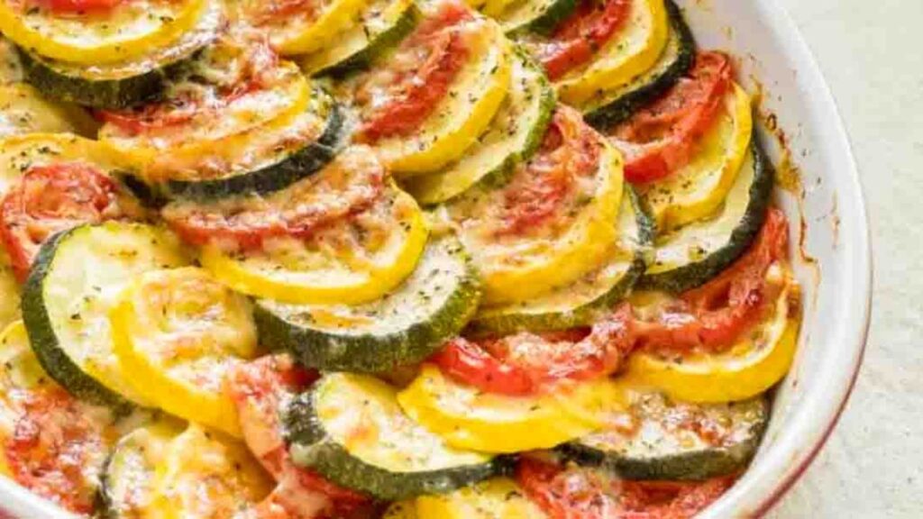 Cheesy Tomato Zucchini Casserole, homemade and freshly served
