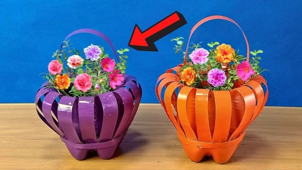 Finished Plastic Bottle Flower Baskets, a completed DIY project