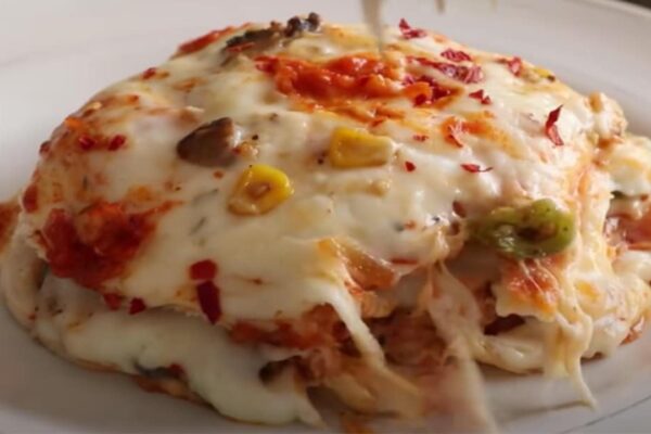 Vegetable Lasagna Using Bread with No Oven, homemade and freshly served