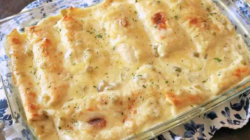 White Chicken Enchilada Casserole, homemade and freshly served