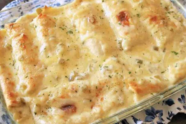 White Chicken Enchilada Casserole, homemade and freshly served