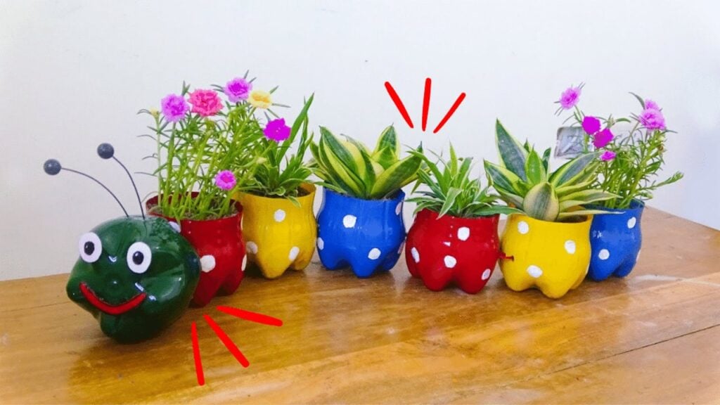 Finished Worm-Shaped Flower Pots From Plastic Bottles, a completed DIY project