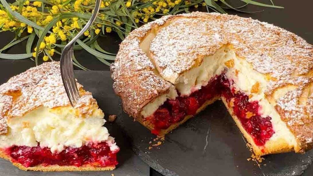 Yogurt Cake with Cherry Filling, homemade and freshly served