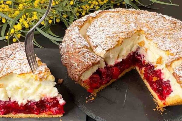 Yogurt Cake with Cherry Filling, homemade and freshly served