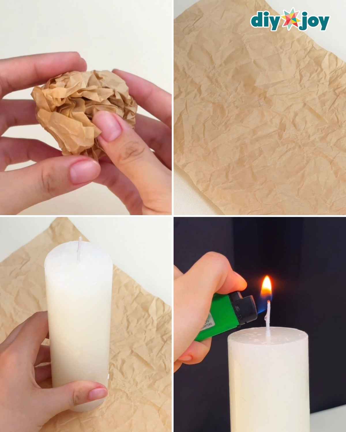 Step 1 to make bloody candles, lighting a white pillar candle set on parchment paper