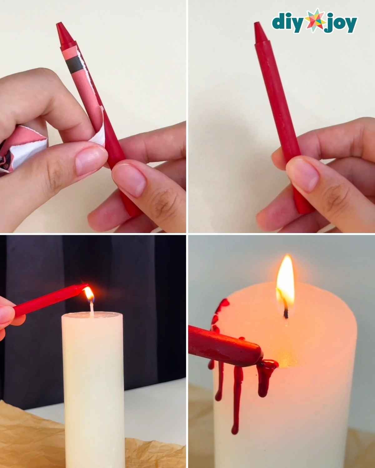 Step 2 to make bloody candles, melting a red crayon over the flame to drip blood colored wax