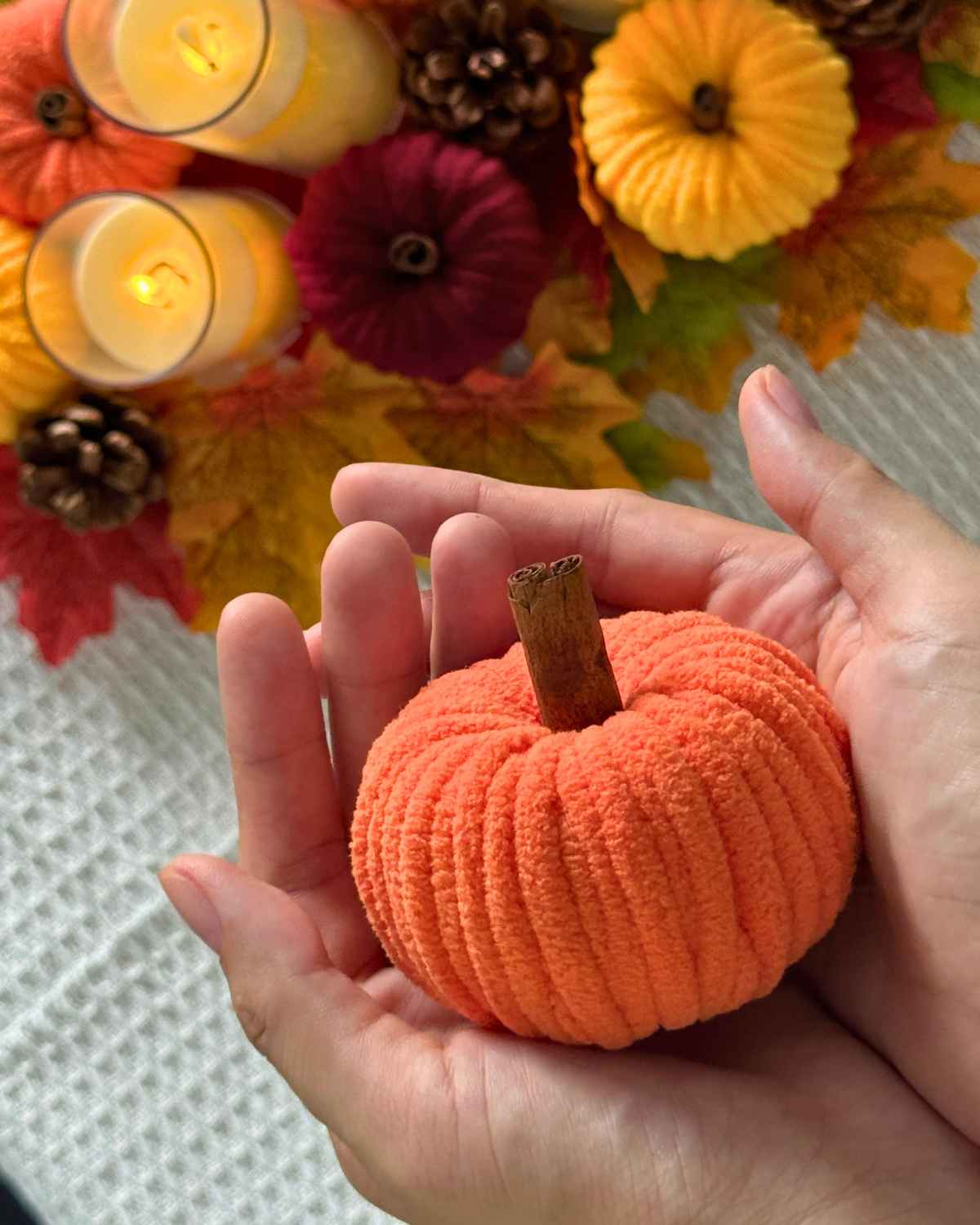 DIY Fall Decor - a group of soft chenille yarn pumpkins on display