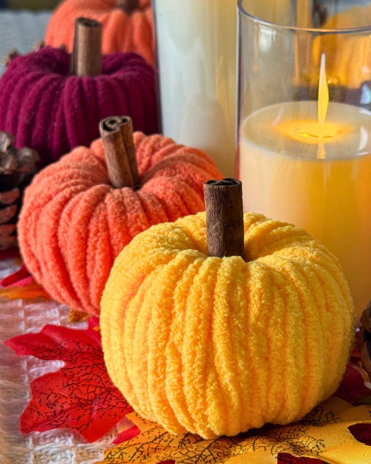 DIY Gifts Idea - chenille yarn pumpkins in mixed fall colors