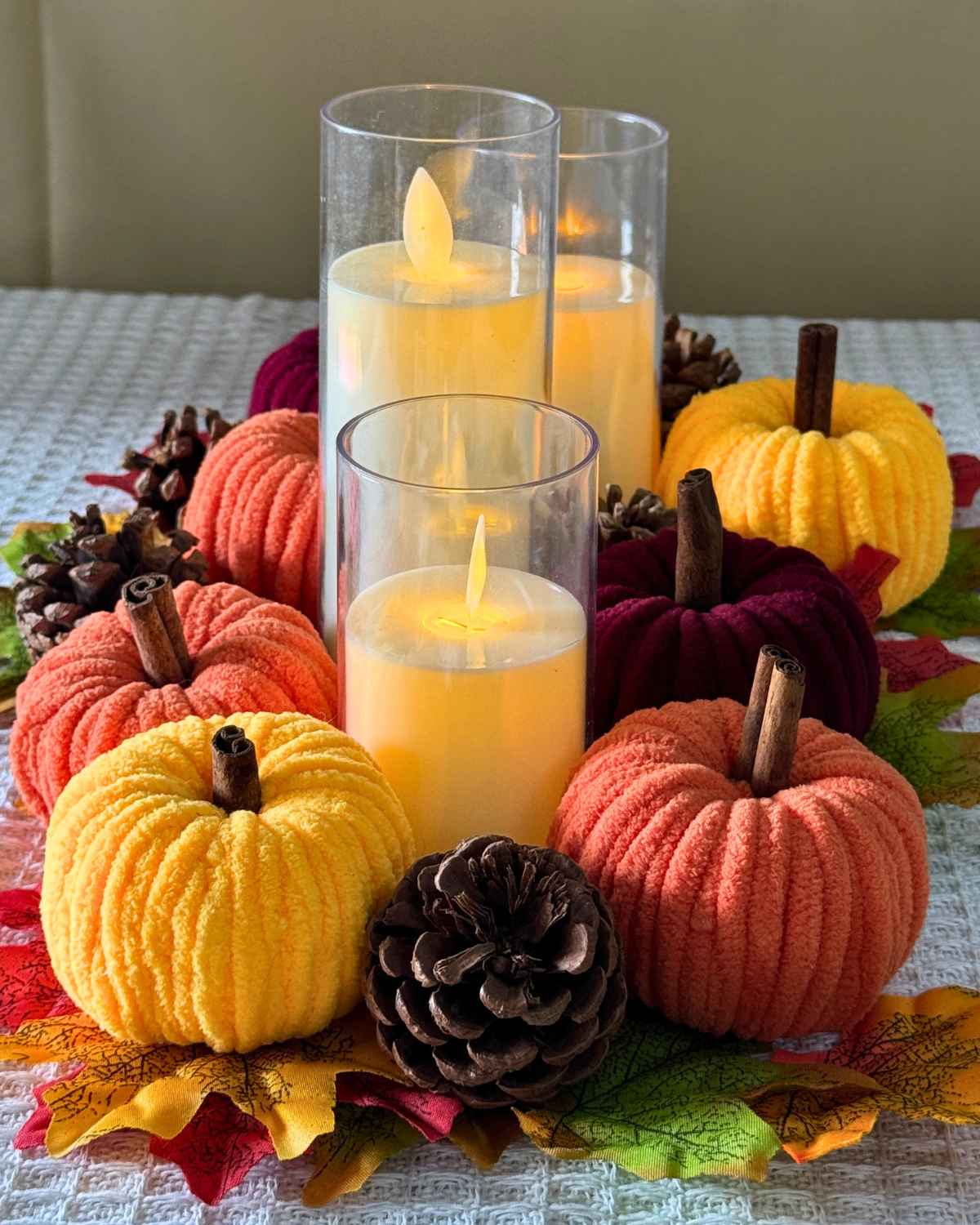 Fall Craft Ideas - close-up of a chenille yarn pumpkin's texture and stem