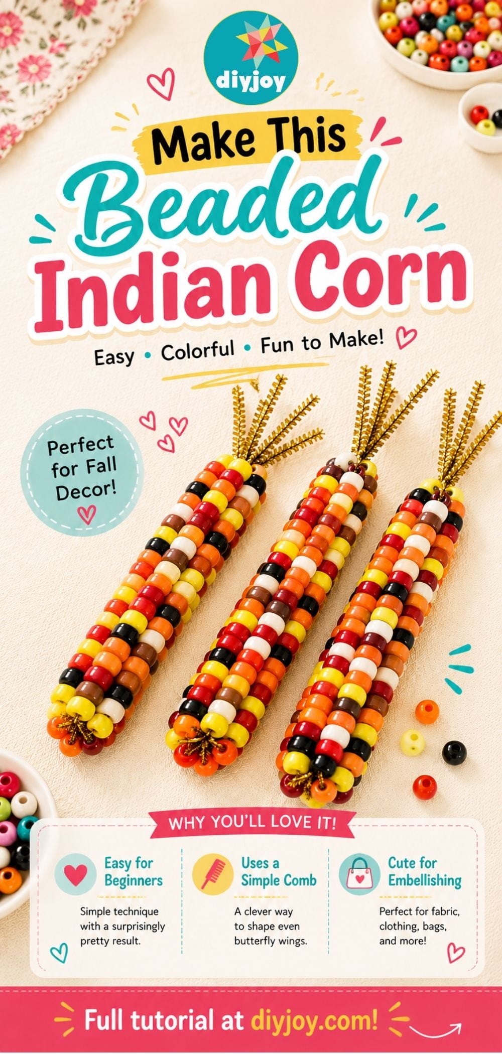 Thanksgiving Crafts - save this beaded Indian corn tutorial on Pinterest
