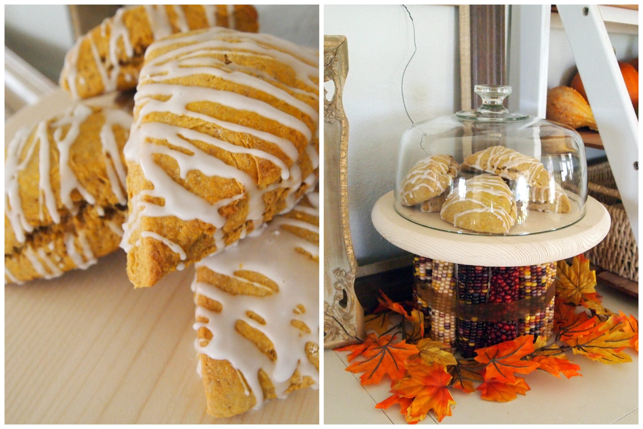 DIY harvest cake stand made from Indian corn and a coffee can